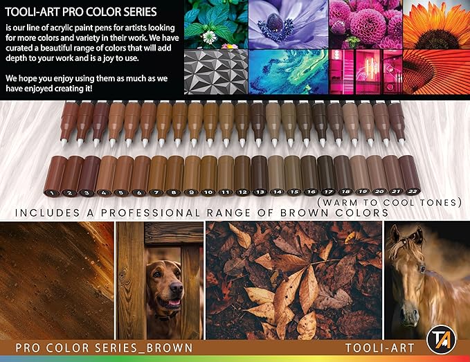 Acrylic Paint Pens 22 Brown Tones Assorted Pro Color Series Markers Set 0.7mm Extra Fine Tip for Rock Painting, Glass, Mugs, Wood, Metal, Canvas, Projects, Non Toxic, Waterbased, Quick Drying