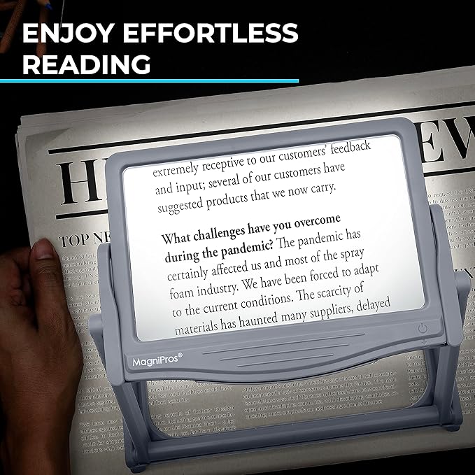MAGNIPROS 5X [Rechargeable] LED Page Magnifier | 3 Stepless Color Light Modes | Foldable & Detachable HandsFree Stand for Easy Reading Fine Print & Crafting | Perfect for Low Vision, Seniors, Hobbyist