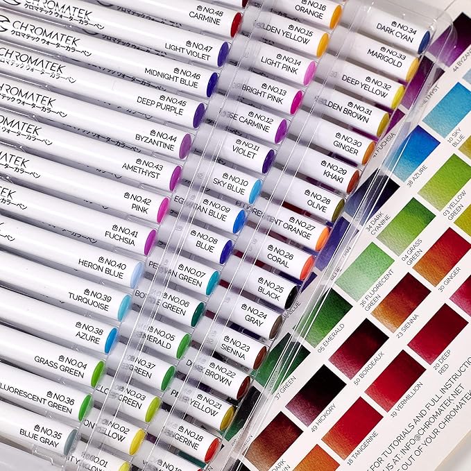 CHROMATEK 54 Watercolor Pens Set | Including 15 Page Pad & Online Video Tutorial Series | 4 Aquapens & 50 Unique Colors | Real Brush Pens | Easily Blendable, Vivid, Smooth | Professional Art Supplies