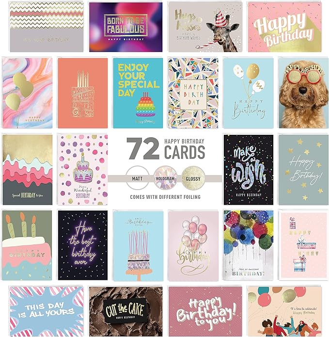 easykart labels 72 Unique Birthday Cards Assortment with Greetings Inside. For Businesses and Individuals, 4 x 5.5 Inch Assorted Foiling Cards with Envelope with Sealing Stickers
