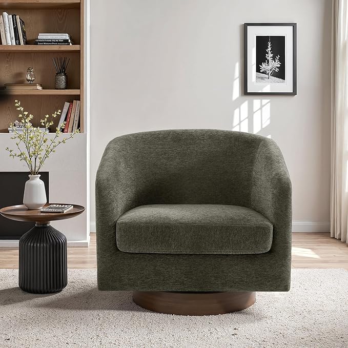 UIXE Swivel Accent Chair with Wood Base, Chenille Upholstered Barrel Chairs for Living Room, Comfy Round Armchair Single Sofa Bedroom Reading Seat - 31" W, Tan