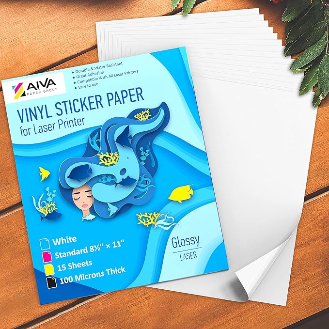Printable Vinyl Sticker Paper for Laser Printer - Glossy White - 15 Self-Adhesive Sheets - Waterproof Decal Paper - Standard Letter Size 8.5"x11"