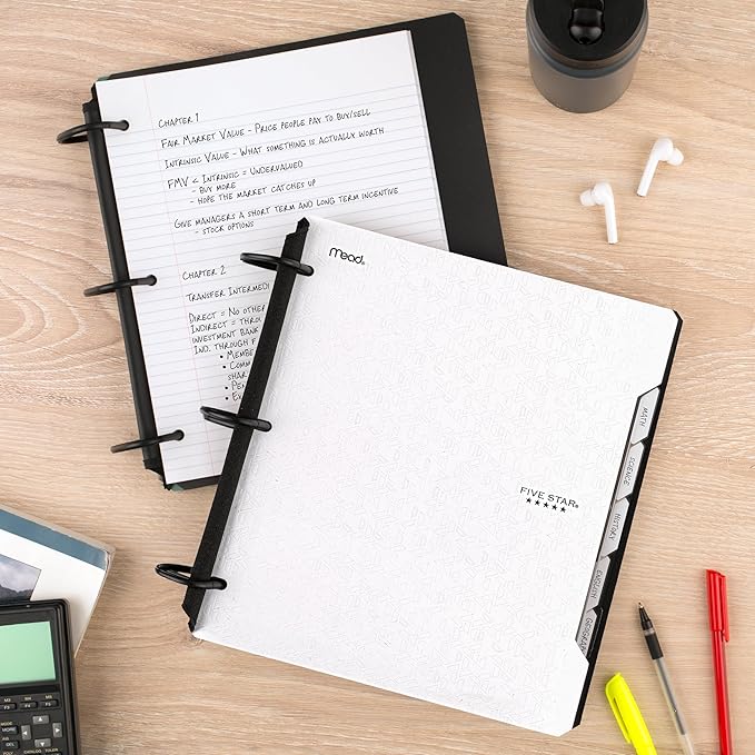 Five Star Flex Refillable Notebook + Study App, College Ruled Paper, 1-1/2 Inch TechLock Rings, Pockets, Tabs and Dividers, 300 Sheet Capacity, White (29324AE2)