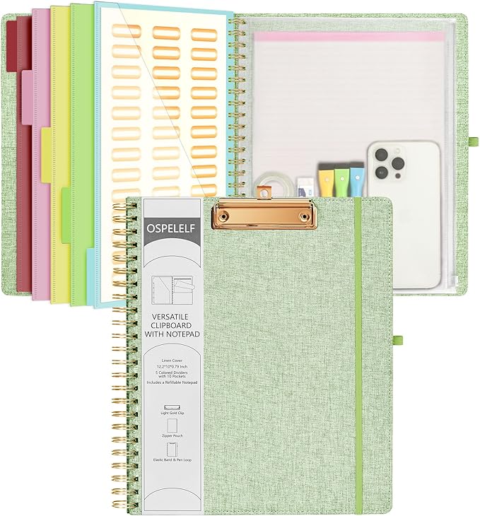 Ospelelf Green Foldable Spiral Clipboard Folio with Storage Zipper Pouch, 5 Plastic Folders with 10 Pockets, Refillable Lined Notepad (11" x 8.5"), Linen Hardcover Project Organizer