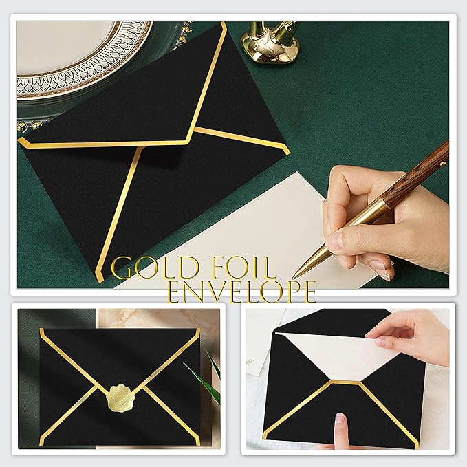 60 Pack Gold Envelopes 5x7 Bluk Black, 250G Pearled Cardstock A7 Envelopes for Invitations Business Mailing Envelope with Gold Foil Border, A6 4x6 Envelopes for Wedding Baby Shower Cards