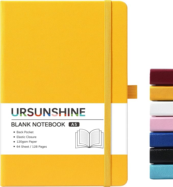 Blank Journal/Notebook - Classic Notebook/Journal with Ribbon Divider, Hardcover with Thick Paper, 5.3'' x 8.26'', Banded + Pen Holder +Inner Pocket - Yellow