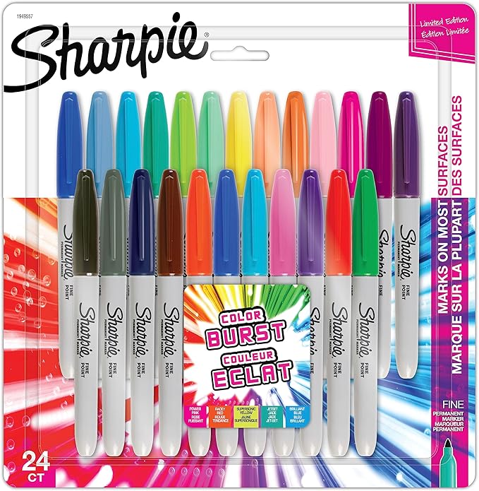 Sharpie Color Burst Permanent Markers, Fine Point, Assorted, 24 Pack (1949557)