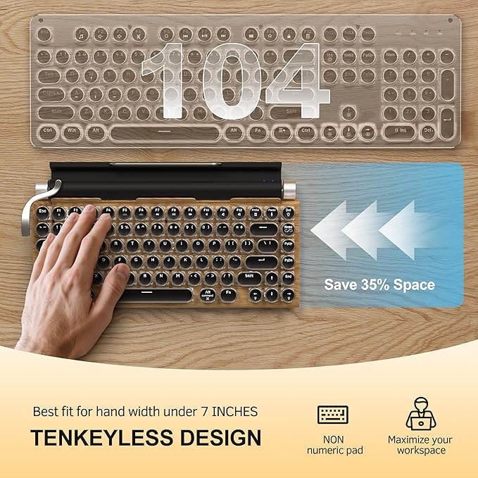 Retro Typewriter Wireless Mechanical Gaming Keyboard, Bluetooth 5.0 Office Computer Vintage Keyboards 83-Key Blue Switches Punk Round Keycap, LED Backlight, Compatible with PC/Laptop/Pad/Phone, Wood