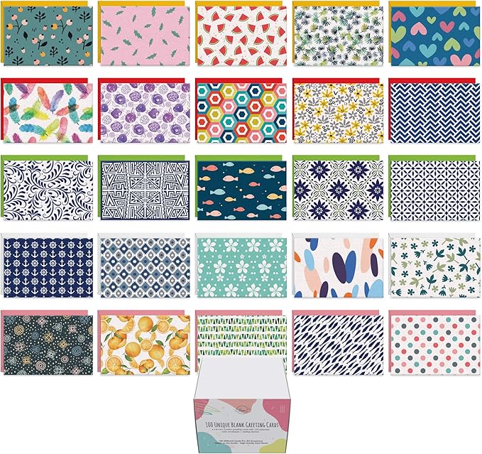 Dessie 100 Unique Blank Cards With Envelopes 4x6 - All Occasion Blank Greeting Cards w/Colored Envelopes & Gold Seals. No Repetition. Note Cards with Envelopes Set