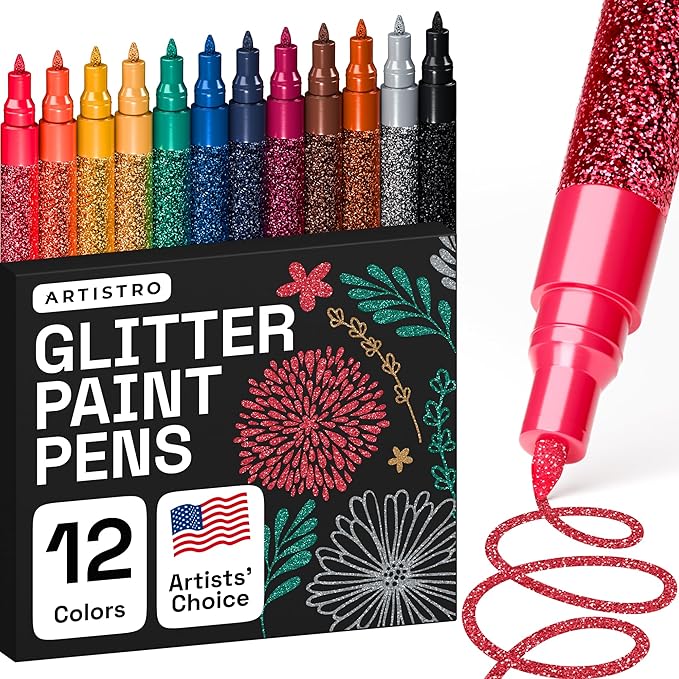 ARTISTRO 12 Glitter Paint Pens Sparkly and Shiny for Rock Painting, Stone, Ceramic, Glass, Wood, Fabric, Scrapbooking, DIY Craft Making, Coloring, Acrylic Glitter Markers Extra-Fine Tip 0.7mm