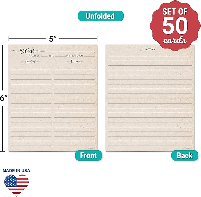 321Done Folding Recipe Cards (Set of 50) Folds to 3x5 from 6x5 - Rustic Kraft Tan Minimalist - Retro Vintage Luxury Double-Sided - Made in USA