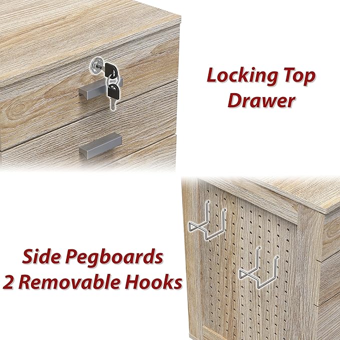 SHW Box Box File Rolling Mobile Cabinet with Side Pegboard and One Lockable Drawer, Maple