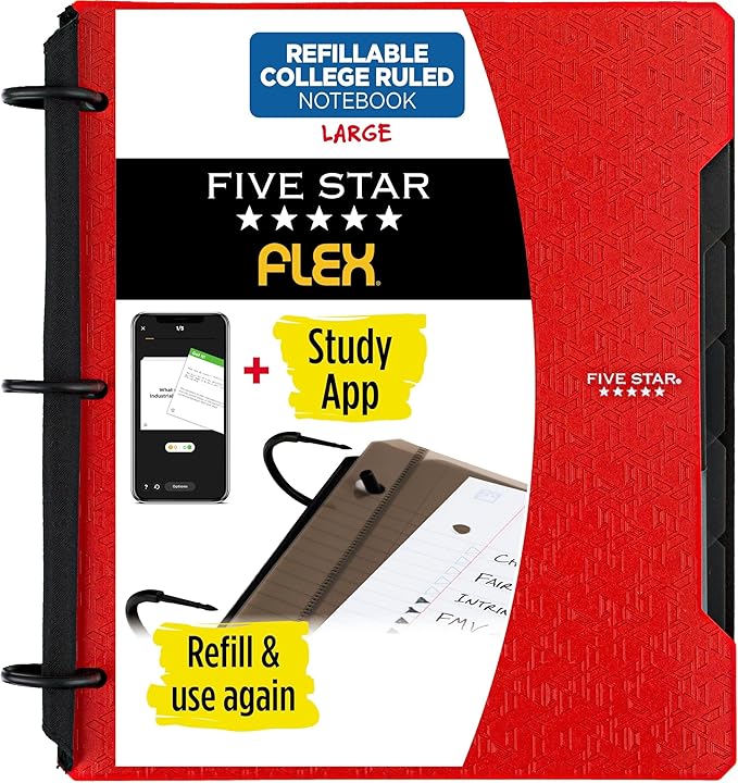 Five Star Flex Refillable Notebook + Study App, College Ruled Paper and 1 Inch TechLock Ring Binder with Pockets, Tabs and Dividers, 200 Sheet Capacity, Fire Red (29328AB2)