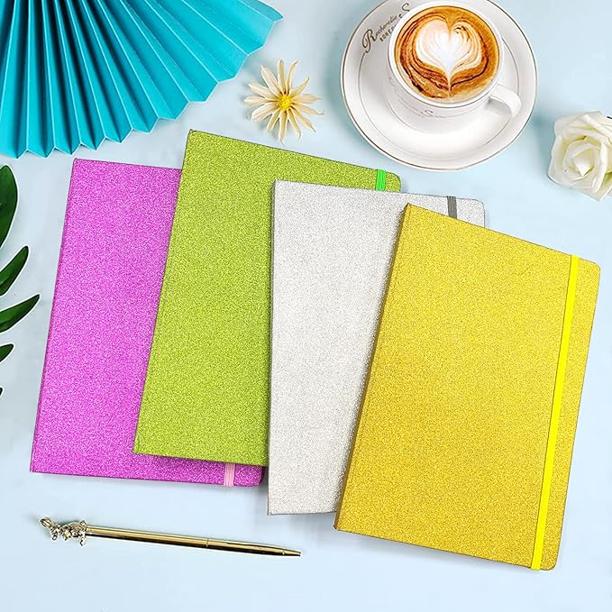 Silver Glitter Notebook, 8.3x5.7” 160 Lined Pages Glitter Never Peel Off Sparkle Journal for Girls College Ruled A5 Hardcover Notebooks for Teens Women Writing Note Taking Office Work School Gifts