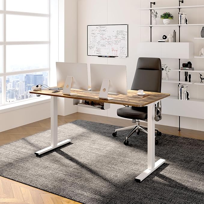 FLEXISPOT EN2 Whole-Piece Standing Desk with Clamp Power Strip, 48 x 30 Electric Stand Up Height Adjustable Desk with Cable Management (White Frame + 48" Rustic Brown Desktop, 2 Packages)