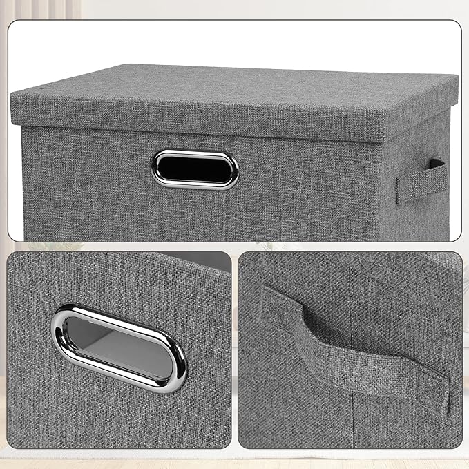 Medium 15" 21 Quart Collapsible Stackable Storage Bins with Lids, 1 Pack Gray Foldable Fabric Closet Storage Boxes with Lids, 4 Handles Heavy-duty Linen Cube Baskets for Bedroom