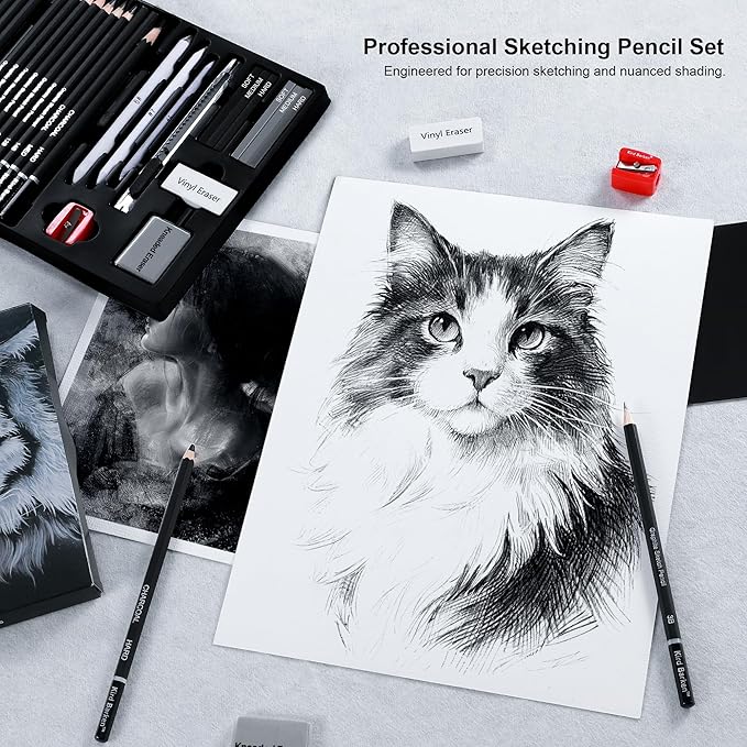 33 Piece Sketching Pencil Set - 5H to 14B Pencils, Charcoal Pencils, Charcoal Sticks,Graphite Sticks,Painting tools – drawing pencil set for Beginners, Artists, Students, Kids