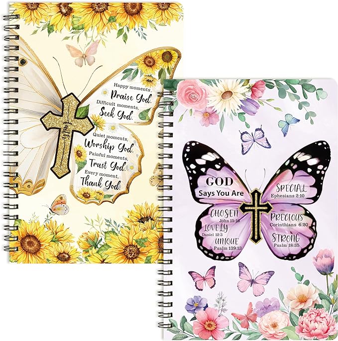 2Pack A5 Floral Cross Butterfly Religious Spiral Notebooks - God Says You Are Bible Verse Ruled Hardbound Journal Writing Hardcover Notebooks Christian Christmas Gift Sunday School Supplies