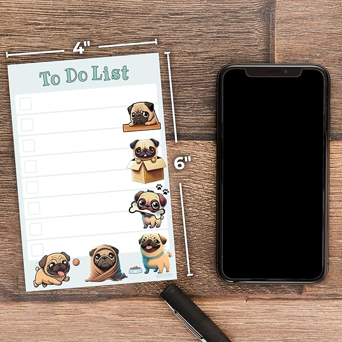 Kawaii Pug Puppies Sticky to Do List Notepad - Dog Sticky Notes Stationary School Office Supplies for Girls and Pug Mom | Pug Gifts for Pug Lovers | 4" x 6" 50 Pages