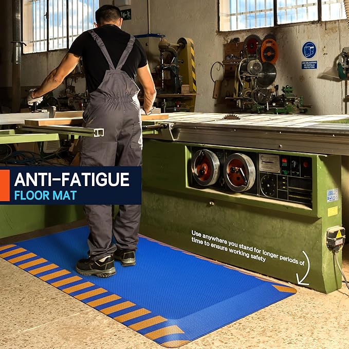 FEATOL Anti Fatigue Mat Industrial, Ergonomic Standing Floor Mat for Work for Stand, Blue with Yellow Border Safety 17" x 24"-Support for Leg & Back Pain