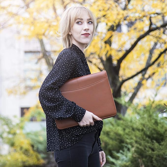 Cossini Premium Business Portfolio with Zipper – Padfolio - Superior Business Impressions Begin with PU Vegan Leather, 10.1 Inch Tablet Sleeve, Smart Storage, Solar Calculator, Writing Pad - Tan