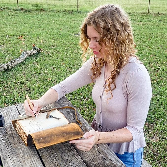 LEATHER VILLAGE Vintage Leather Journal – 200 Handmade Vintage Deckle Edge Paper – Leather bound Journal For Women Men – Vintage Key Closure - Book of Shadows - Turquoise - 13X8 inches