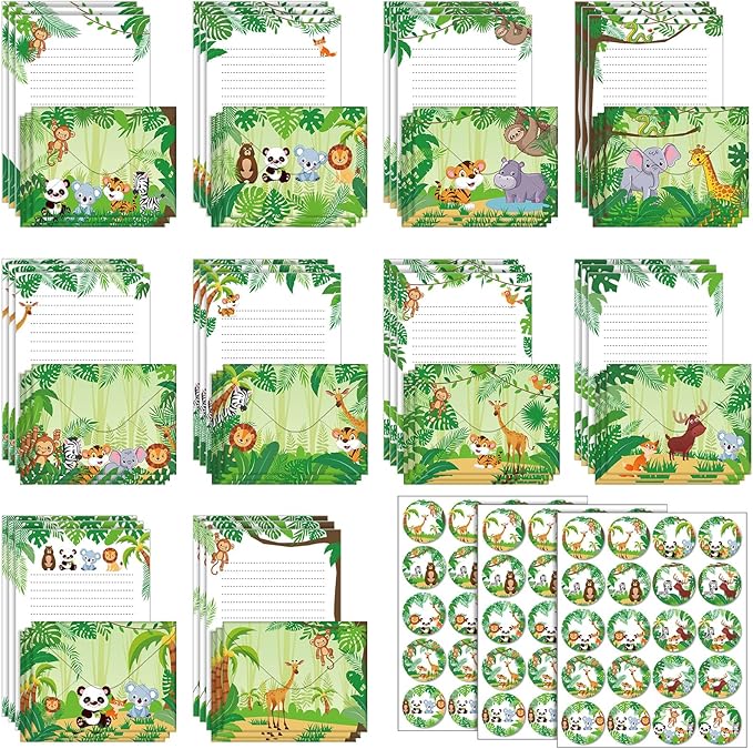 TaoBary 160 Packs Stationery Paper Set (50 Double Sided Stationery Writing Papers 50 Matching Envelopes) 60 Round Dot Sticker, 10 Design(Safari Animal,5.5 x 8.25 Inch)