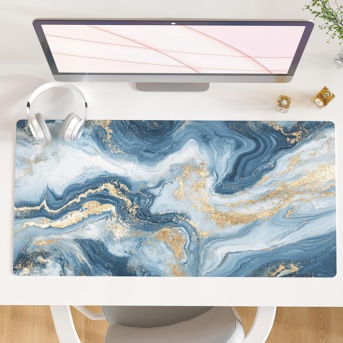 QIYI Desk Pad Large Keyboard and Mouse Pad for Laptop Computer, PU Leather Desk Cover Protector, Desk Décor Accessories for Office Home Work Writing Gaming 31.5" x 15.7" - Blue White Marble