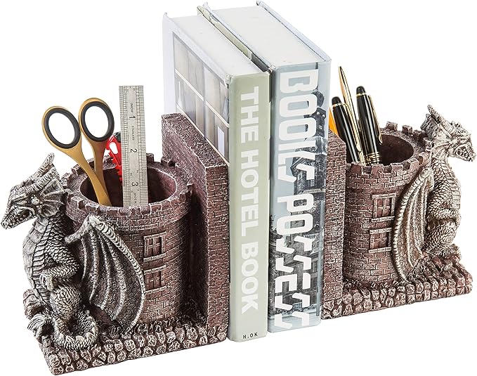 MyGift Dragon Guard Castle Resin Decorative Bookends for Heavy Books with Pencil Holders, Fantasy Themed Book Holder for Home and Office