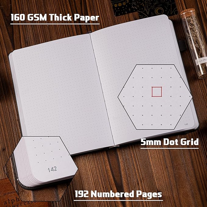 TIEFOSSI Bullet Dotted Journal Notebook, 160gsm 256 Numbered Thick Paper, A5 Hardcover Dotted Grid Diary for Women Men Work Writing, Bullet Dot Journaling, Drawing, 5.8 x 8.3 in