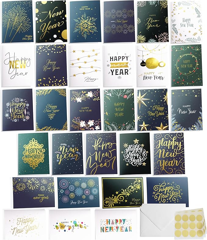 Dessie Boxed Happy New Year Cards - 30 Luxurious Large 5x7 inch Greeting Cards in Vibrant Colors with Gold Foil Accents, Short Greetings Inside. Includes 32 White Envelopes and Sturdy Storage Box