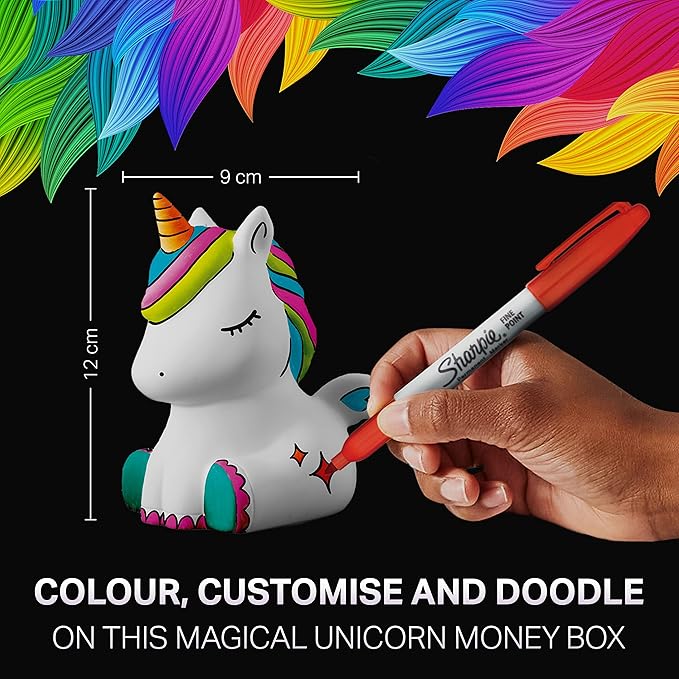 Sharpie Permanent Marker Pens Gift Set | Unicorn Money Box & Marker Pens | Fine Point | Assorted Mystic Gem Colours | 16 Count | Unicorn Gifts for Girls & Boys