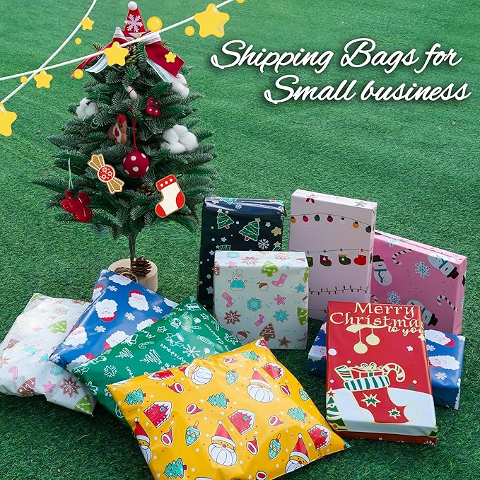 Christmas Poly Mailer 10x13 Inch 100 Pcs, Waterproof Shipping Bags with Self-Seal - Tear-Resistant, Christmas Lights Printed