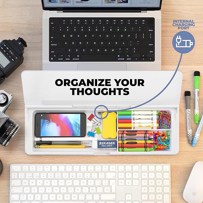 Desktop Whiteboard - Glass Dry Erase White Board- Desk Computer Buddy – Home Office & Studying Essentials - Desktop Pad with Phone & Tablet Slot, Storage Compartment - Includes 4 Markers, 1 Eraser