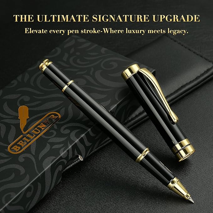 BEILUNER Ballpoint Pens, Stunning Black Chrome Metal Pen with Golden Trim, Best Ball Pen Gift Set for Men & Women, Professional, Executive, Office, Nice Pens-Gift Box with 0.5mm Black Extra Refill