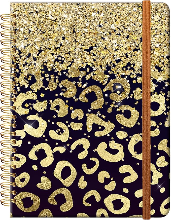 Ruled Spiral Writing Notebook,A5 Hardcover Lined College Journal for Women Lady,Fashion Puppy Watercolor Strong Twin-Wire Binding with Premium Paper,8.4" X 6",Perfect for School,Office,Home Gifts(Shiny Gold Leopard)