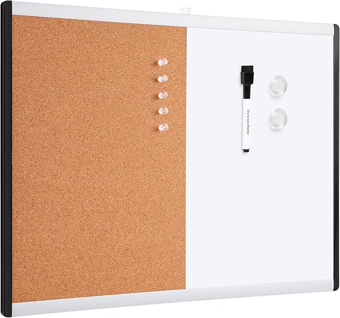 Amazon Basics Rectangular Magnetic Whiteboard & Cork Board Combo for Home, Office and Classroom, Plastic/Aluminum Frame, White,Yellow, 17" x 23"