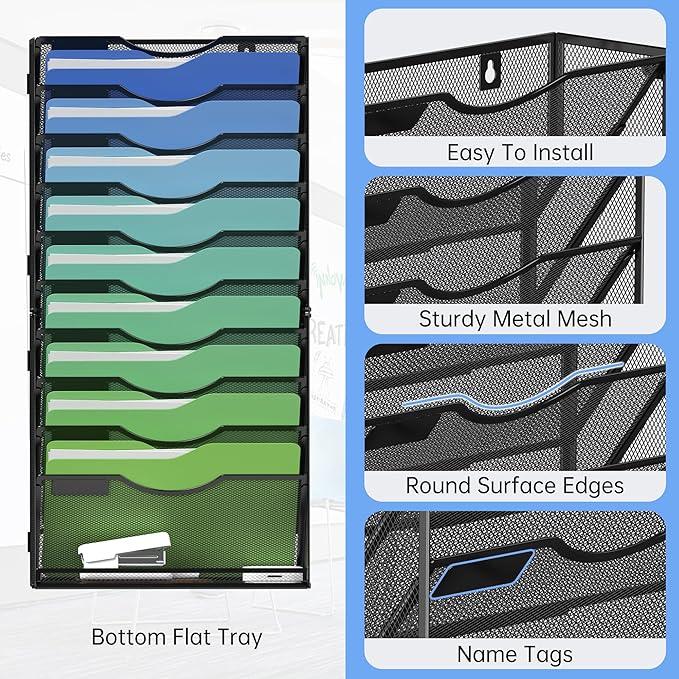 Kuntine.B Wall File Organizer Office Hanging Magazine Holder Wall File Organizer for Office Home (Black, 11 Tier)