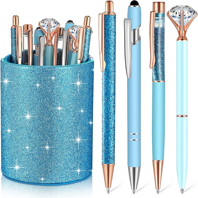 Sabary 8 Pcs Ballpoint Pens with Pen Holder for Desk Glitter Crystal Diamond Fancy Pencil Holder Bling Desk Organizer Cute Stationery Supplies for Women Girls Wedding Office School Gifts(Blue)