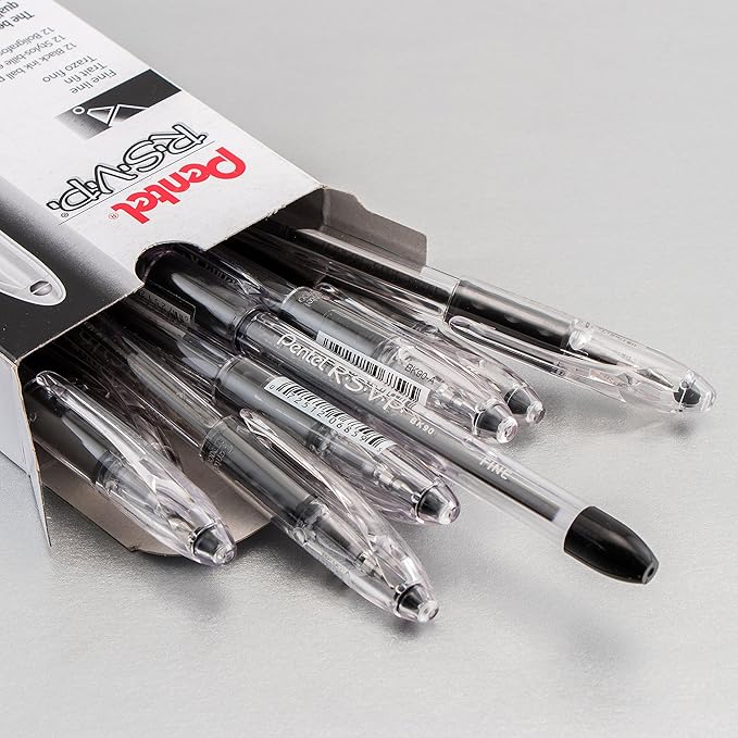 Pentel® R.S.V.P.® Ballpoint Pens, Fine Point, 0.7 mm, Clear Barrel, Black Ink, Pack Of 12