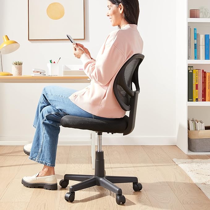 Amazon Basics Rolling Desk Chair, Adjustable, Low Back, Padded Seat, Breathable Mesh, Swivel, Black, 21.25" D x 22.5" W x 38" H