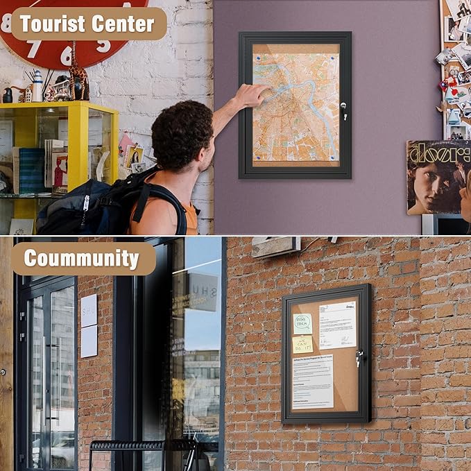 26"x20" Enclosed Bulletin Board, Outdoor Lockable Weather-Resistant Aluminum Cork Noticeboard for School & Office, Silver Frame w/Black Flet