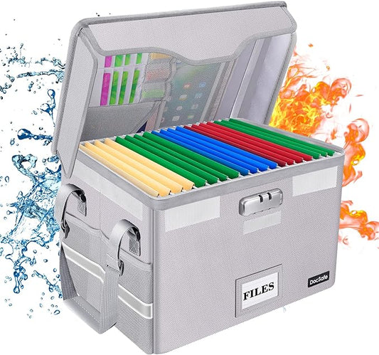 DocSafe File Box Fireproof Document Box with Lock, File Storage Organizer Box with Pockets,Collapsible Portable File Box Home Office File Cabinet with Handle for Hanging Letter/Legal Folder,Silver