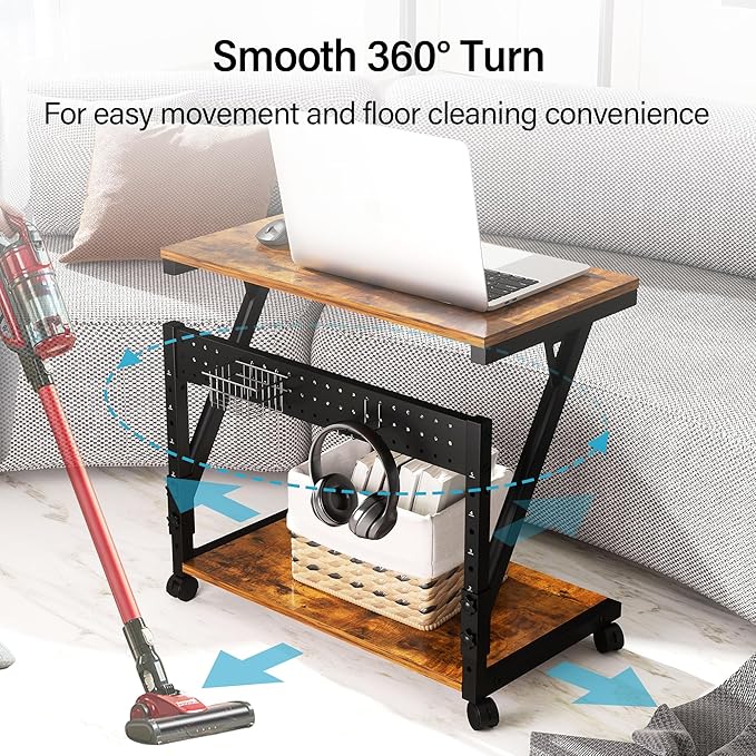 Computer Tower Cart - Height Adjustable PC Stand, 2-Tier ATX-Case CPU Holder Home Office Gaming Desk Accessories with Rolling Lockable Wheels, Laptop Table Standing Computer Desk, Rustic Brown