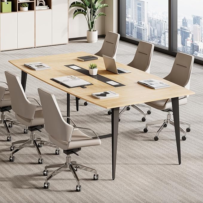 LITTLE TREE 8FT Conference Room Table, 94.48L x 47.21W x 29.52H Boat Shaped Meeting Table, Light Walnut