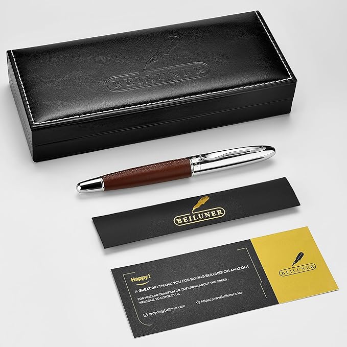 BEILUNER 318 Luxury Leather Pen, Hand-Stitched Premium Leather, Chrome-Plated Finish, Schmidt Ink Refill, Fancy Rollerball Pen Gift Set for Men & Women, Executive Writing, Nice Designer pen