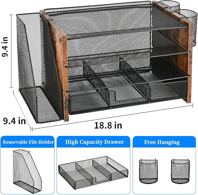 Desk Organizer and Accessories, 4-Tier Desktop File Organizer with Drawer and 2 Pen Holders, Office Desk Accessories for Office Supplies(Wood)