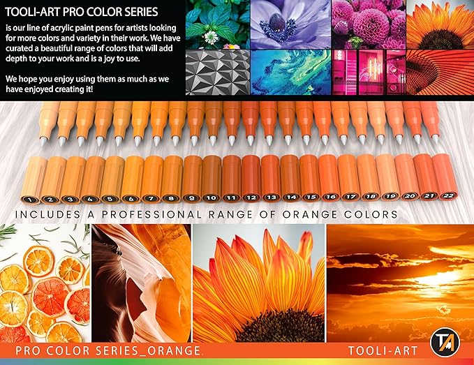 Acrylic Paint Pens 22 Orange Tones Assorted Pro Color Series Markers Set 0.7mm Extra Fine Tip for Rock Painting, Glass, Mugs, Wood, Metal, Canvas, Projects, Non Toxic, Waterbased, Quick Drying