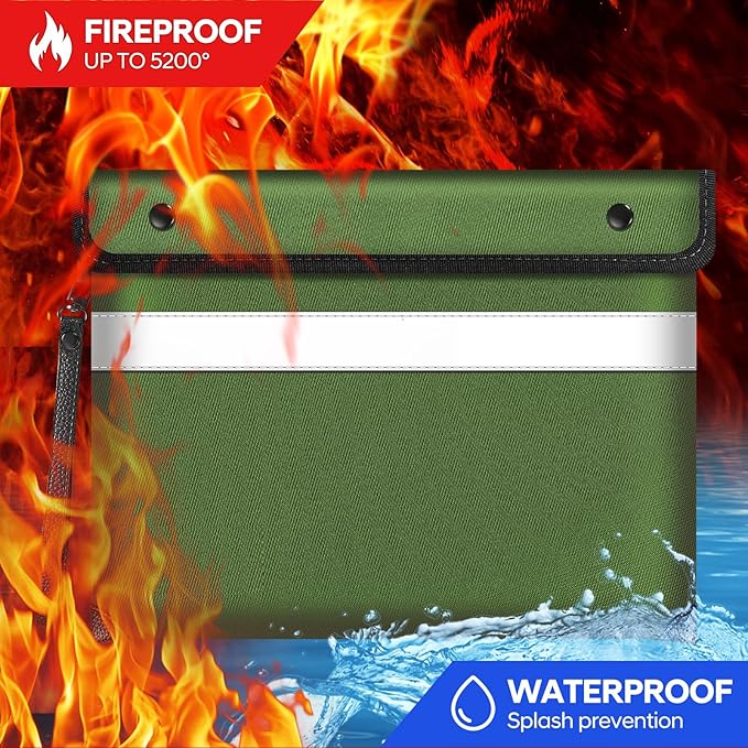 Upgraded 5200°F Heat Insulated Fireproof Money Bag with 8 Layers of Protective Material,13.9”x10.6” Fire Proof Bag for Documents with Zipper,Fireproof Pouch for Cash,Jewelry(Green)