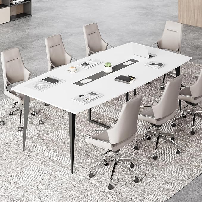LITTLE TREE 8FT Conference Room Table, 94.48L x 47.21W x 29.52H Boat Shaped Meeting Table, White&Black